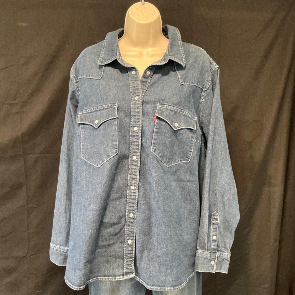 Levi‎ Strauss Denim Western Shirt 3X Blue Pearl Snap Long Sleeve Cotton Blend